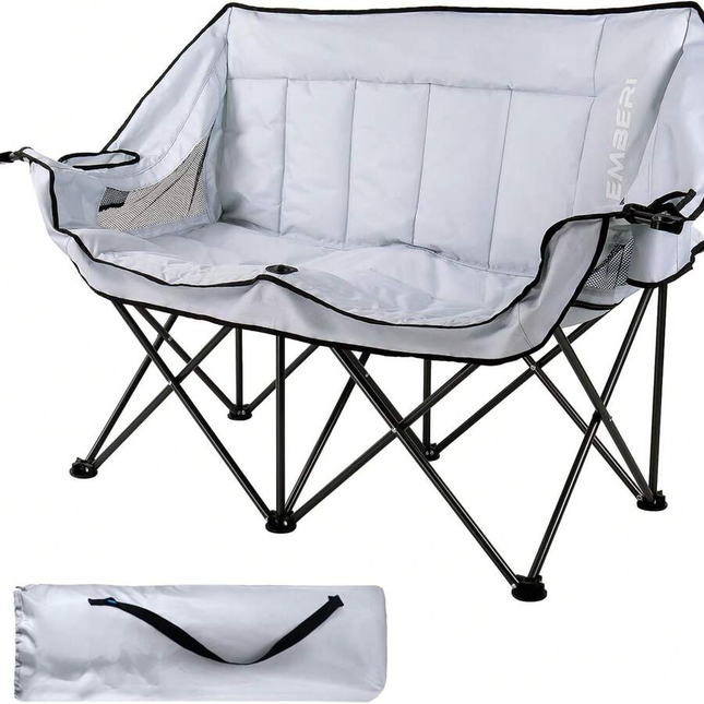 Double Camping Loveseat,  Heavy-Duty Portable With Strap & Cup Holders