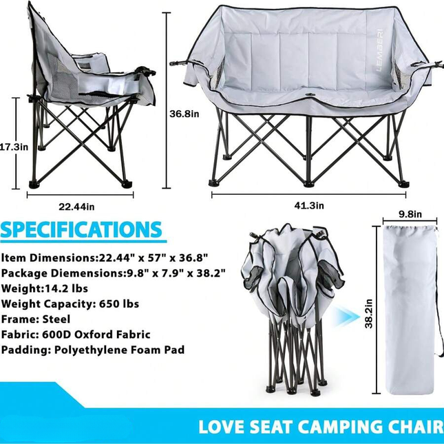 Double Camping Loveseat,  Heavy-Duty Portable With Strap & Cup Holders
