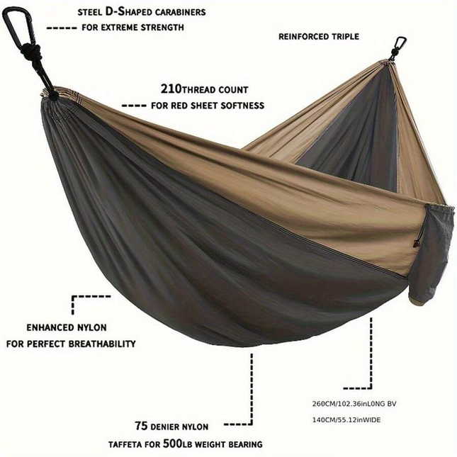 Outdoor Camping Travel Hammock, With Carrying Bag, Tree Straps And Carabiners.